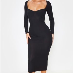 Black Ribbed Long Sleeve Midi Dress PLT